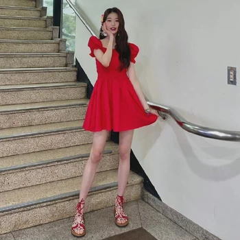 Kpop Naujas Jang Laimėjo merginų Grupė Vasarą Red-line Temperamentas Dress Lady korėjos Kietas Sluoksniuotos Rankovėmis Aikštėje Apykaklės Mini Suknelės