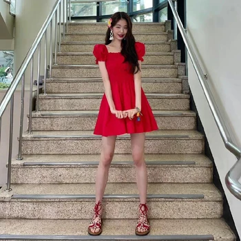 Kpop Naujas Jang Laimėjo merginų Grupė Vasarą Red-line Temperamentas Dress Lady korėjos Kietas Sluoksniuotos Rankovėmis Aikštėje Apykaklės Mini Suknelės