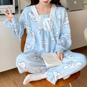 Sanrio Kawaii Pliušinis Nėrinių Apykaklę Pižama Studentų Animacinių Filmų Cinnamoroll Mano Melodija Kuromi Namų Drabužiai Cute Girl Anime Grynas Rinkiniai